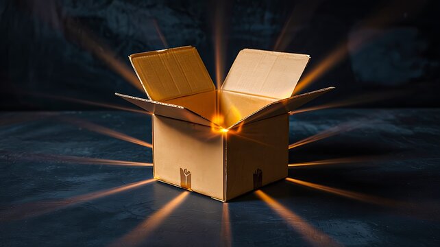 Open cardboard box with glowing light representing surprise innovation and creative opportunity