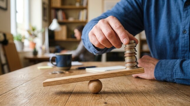 Person balancing coins on seesaw hand, Money Leverage And Inflation Balance