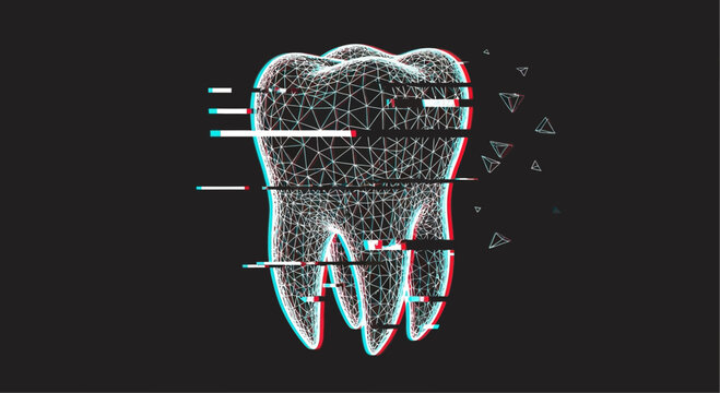 Digital 3 d tooth model with glitch effect and geometric particles