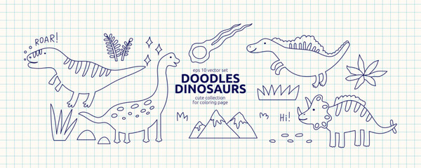 Outline Cute Dinosaur Set Clipart on Squared Notebook Paper Bg. Line Dino Animal Kit. Doodle Dinosaur Collection for Color Page Book. Vector Handdrawn Illustration © Anna Drozdova