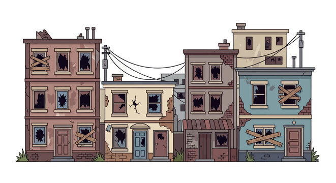 Abandoned Urban Buildings with Boarded Windows and Broken Glass