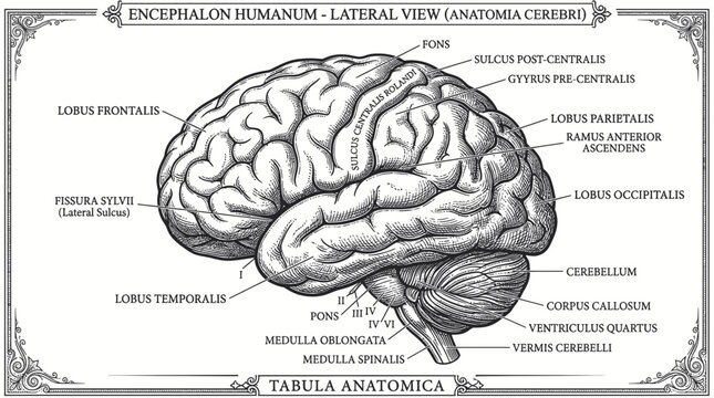 Human brain lateral view anatomical chart with latin terminology