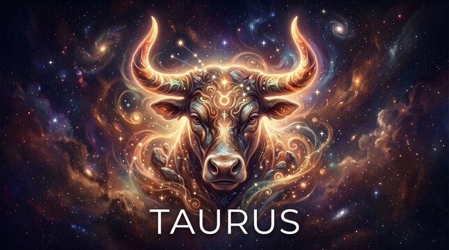 Glowing taurus zodiac sign bull head with cosmic stardust swirls