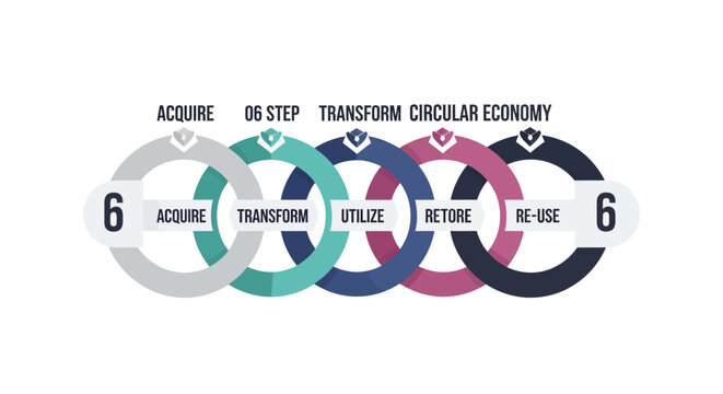 Circular economy 6-step loop infographic Circular economy infographic, 6 step process, sustainability model, eco friendly cycle isolated on White Background Vactor EPS
