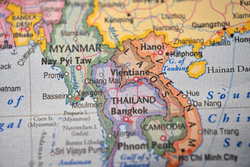Obraz premium Vientiane Laos on Soft Blurred Southeast Asia World Map Background