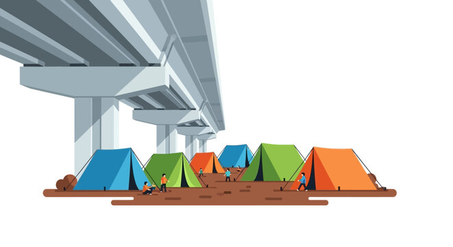 Homeless Camp Under Urban Overpass Bridge