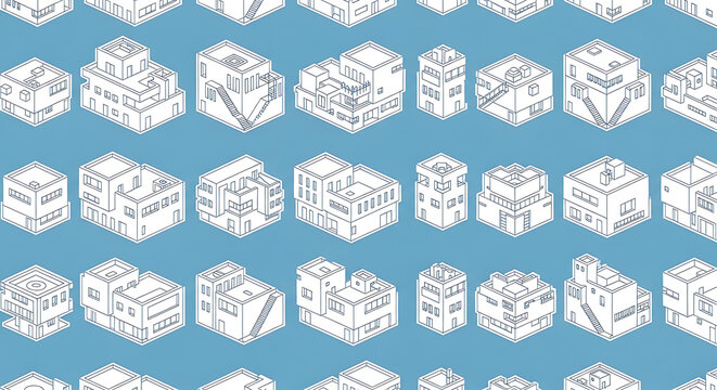 Isometric hand drawn house sketches pattern on blue background with isometric architecture realestate construction background buildings wallpaper illustration structure creative blueprint