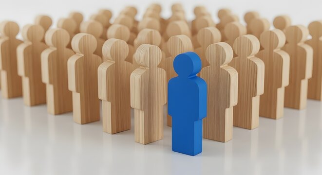 Blue figure standing outstanding in crowd of wooden figurines