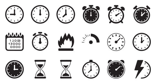 Clock symbols and time measurement icons featuring stopwatch hourglass and energy indicators.
