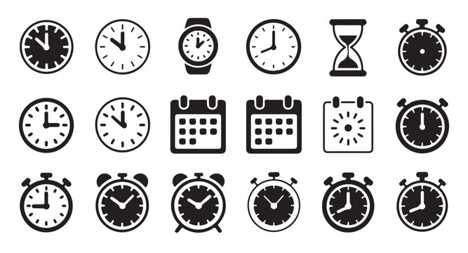 Universal time management icon set with digital and analog watches plus calendar elements.
