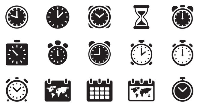 Global time and schedule icons including world map calendar and diverse clock face designs.
