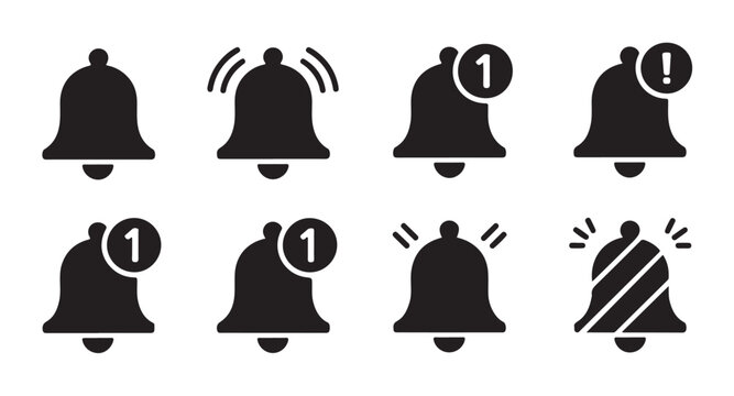 Notification bell icon collection with alert signals and unread message counter indicators.