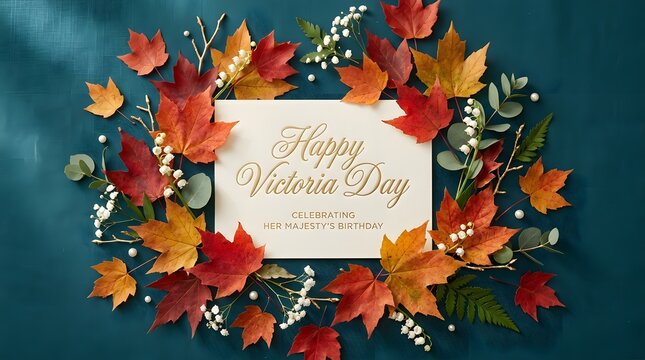 Victoria day celebration with autumnal foliage and elegant calligraphy on textured paper