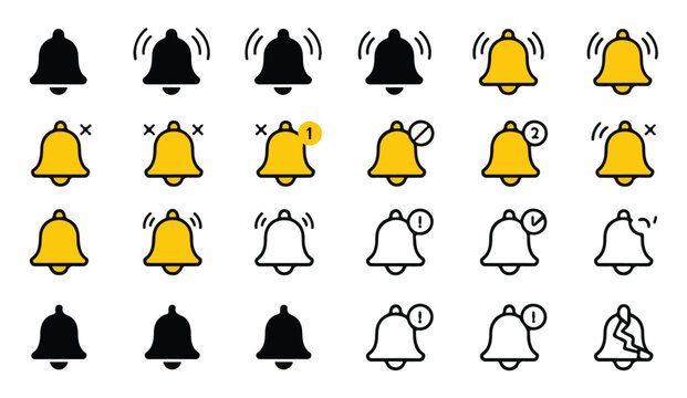 Set of notification bell icons including status updates and alert states on transparent set.