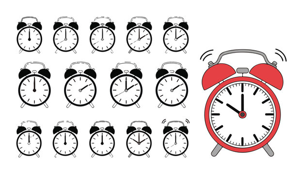 Set of minimalist black alarm clock icons showing different times on transparent background.