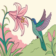 Fototapeta premium Vibrant Hummingbird Hovering Near a Blooming Pink Lily