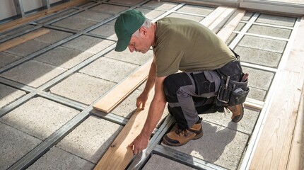 Fototapeta premium Man installing hardwood flooring on metal subfloor