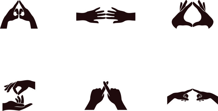 Various hands in different positions and gestures shown in brown silhouette on white background