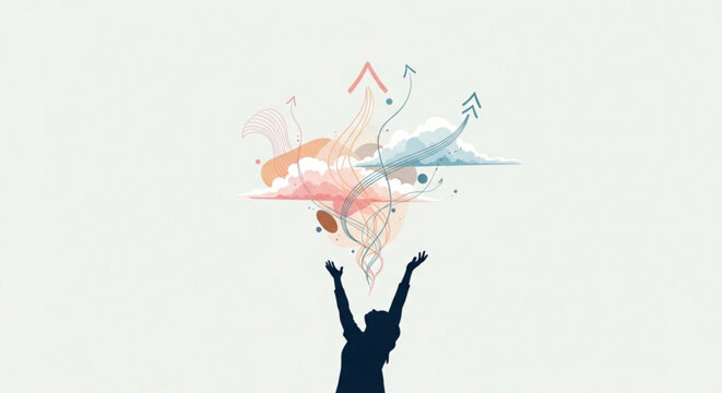 Business growth, success, and freedom concept, colorful abstract illustration of person releasing soaring birds, symbolizing achievement and empowerment