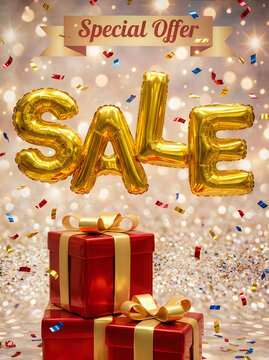 Golden sale balloon letters with gift boxes and confetti special offer celebration