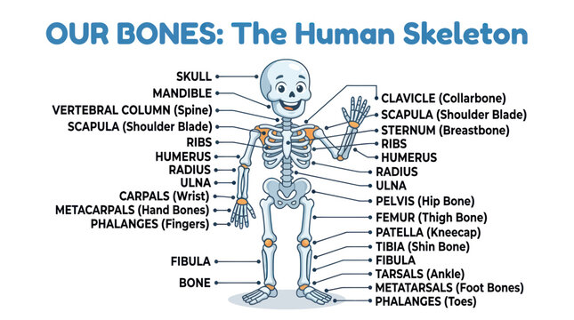Human skeleton anatomy diagram with labeled bones for kids