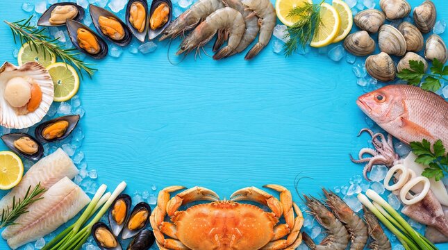 Seafood flat lay frame with fish shrimp crab on blue background