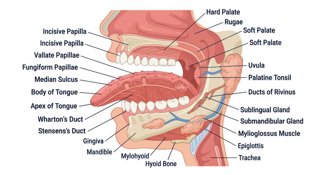 Human mouth and tongue anatomy diagram with labels