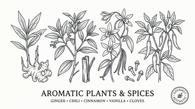 Botanical aromatic plants and spices with ginger chili and vanilla