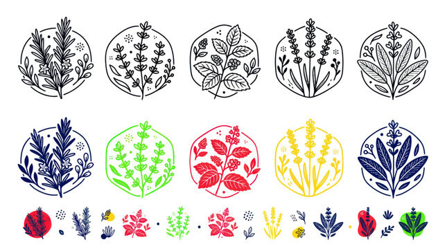 Organic herb icons including lavender mint and rosemary for branding