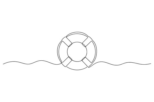 Continuous single line drawing of a lifebuoy floating on the ocean waves with lifebuoy continuous nautical emergency floating lifeguard maritime vacation minimalist illustration swimming