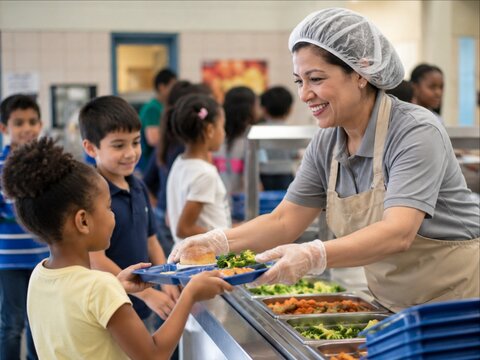 School Nutrition Employee Handing Lunch Tray to Student During Meal Service