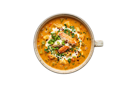 Crab bisque soup in a rustic ceramic mug, garnished with crab claws, green onions, fresh herbs, cream, and red chili flakes.