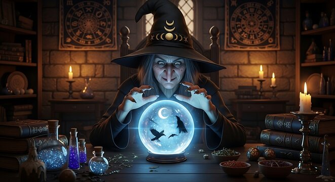 Ancient alchemist laboratory with glowing orb and books.
