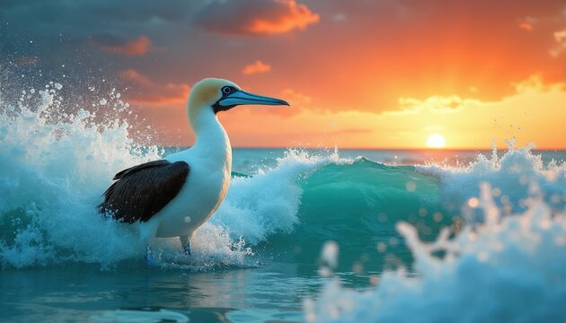 Blue footed booby bird stands in ocean wave near shore. Bird watches sunset over sea water with orange sky and clouds. Birdwatching nature scene.