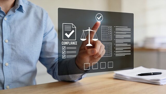 Compliance audit checklist on virtual screen, legal regulations and document verification process, business law and quality assurance concept for corporate governance.
