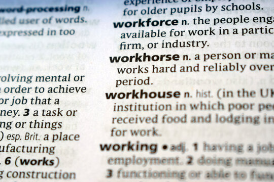 English Dictionary Page Close Up With The Word Transcription Of -workhorse