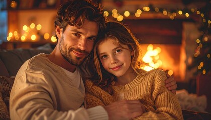 Obraz premium Father and daughter embrace warmly by a cozy fireplace, surrounded by Christmas lights