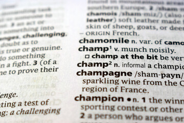 Fototapeta premium English Dictionary Page Close Up With The Word Transcription Of -champ