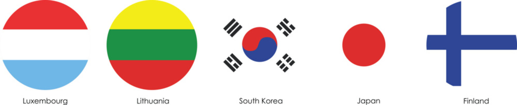 Finland South Korea Lithuania Japan circular flag icon set &ndash; round national flag badges for world map, country, travel and language design, isolated vector icons for web, app and educational projects