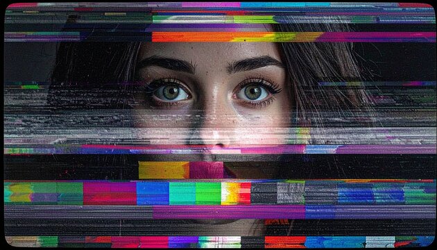 Woman's face overlaid with digital static glitch