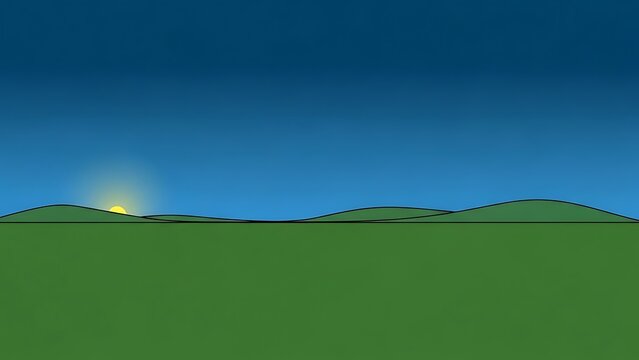 Rolling green hills under bright blue sky horizon.