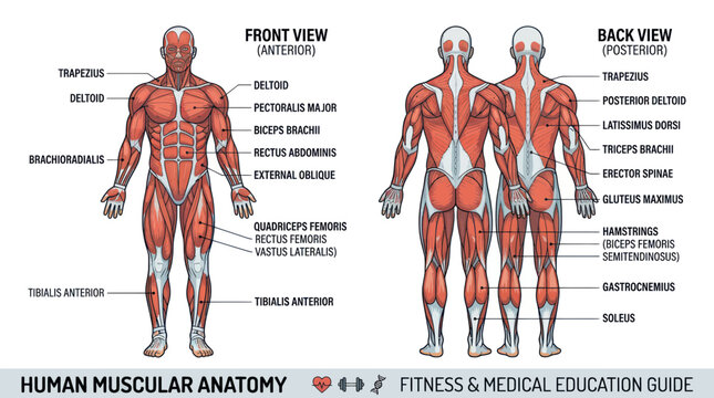 Human muscular system anatomy diagram showing front and back views