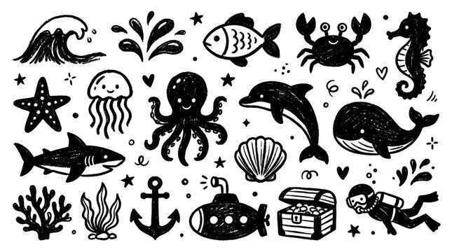 Collection of cute blue marine animals and nautical elements with a hand-drawn, textured style on a clean white background