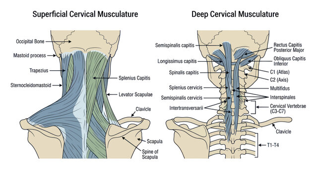 Human neck muscle anatomy showing superficial and deep cervical layers