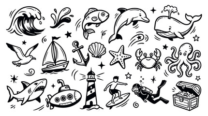 Fototapeta premium Collection of hand-drawn black and white sea creatures and nautical elements on a clean white background