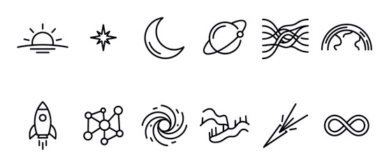 Fototapeta premium Collection of simple black line art icons representing various space, nature, and abstract concepts on a clean white background