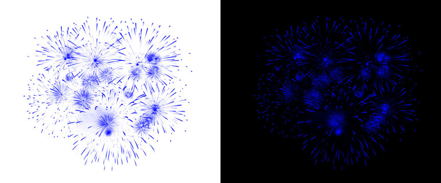 Blue fireworks explosion set on white and black backgrounds, festive pyrotechnic display elements, glowing blue firework bursts for celebration