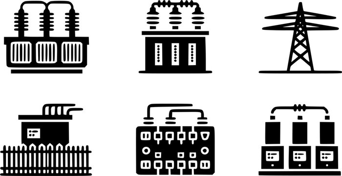 High voltage electrical substation and power grid infrastructure icon set featuring distribution transformers, transmission tower lines, electric generators, and circuit switchgear vectors.