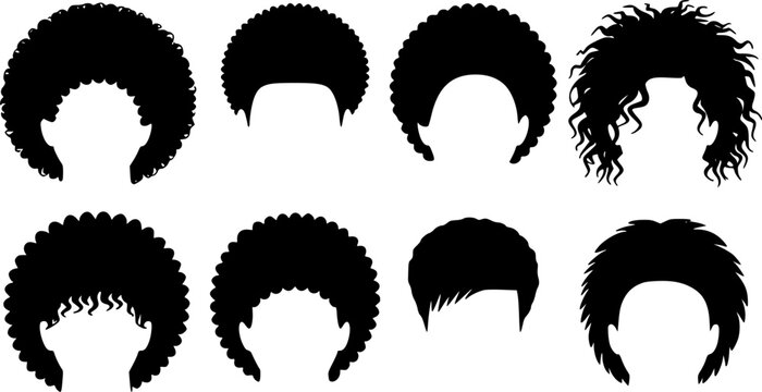 Diverse wig and hairstyle silhouette collection featuring afro curls, volume textured kinky hair, messy waves, and short male hair cuts for salon branding and barber shop graphic design.