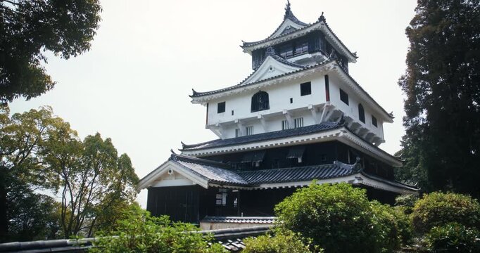 Old Traditional Japanese Castle Keep, White Walls, Black Roof, Hiroshima